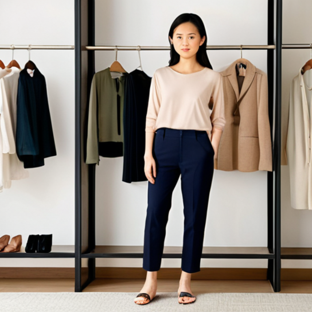 A modern Vietnamese woman, in her late 20s to early 30s, stands confidently in front of a perfectly organized, minimalist capsule wardrobe. The closet showcases a curated collection of high-quality, versatile basic items in neutral colors (black, white, beige, navy) with subtle pops of accent colors like jade green or pastel pink. She is effortlessly selecting an outfit, reflecting a sense of calm and empowerment, embodying the efficiency and elegance of a smart, sustainable lifestyle in a tropical urban setting.