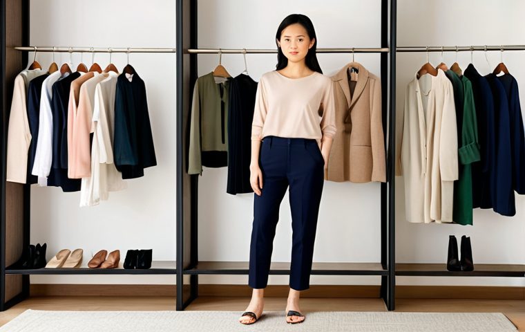 A modern Vietnamese woman, in her late 20s to early 30s, stands confidently in front of a perfectly organized, minimalist capsule wardrobe. The closet showcases a curated collection of high-quality, versatile basic items in neutral colors (black, white, beige, navy) with subtle pops of accent colors like jade green or pastel pink. She is effortlessly selecting an outfit, reflecting a sense of calm and empowerment, embodying the efficiency and elegance of a smart, sustainable lifestyle in a tropical urban setting.