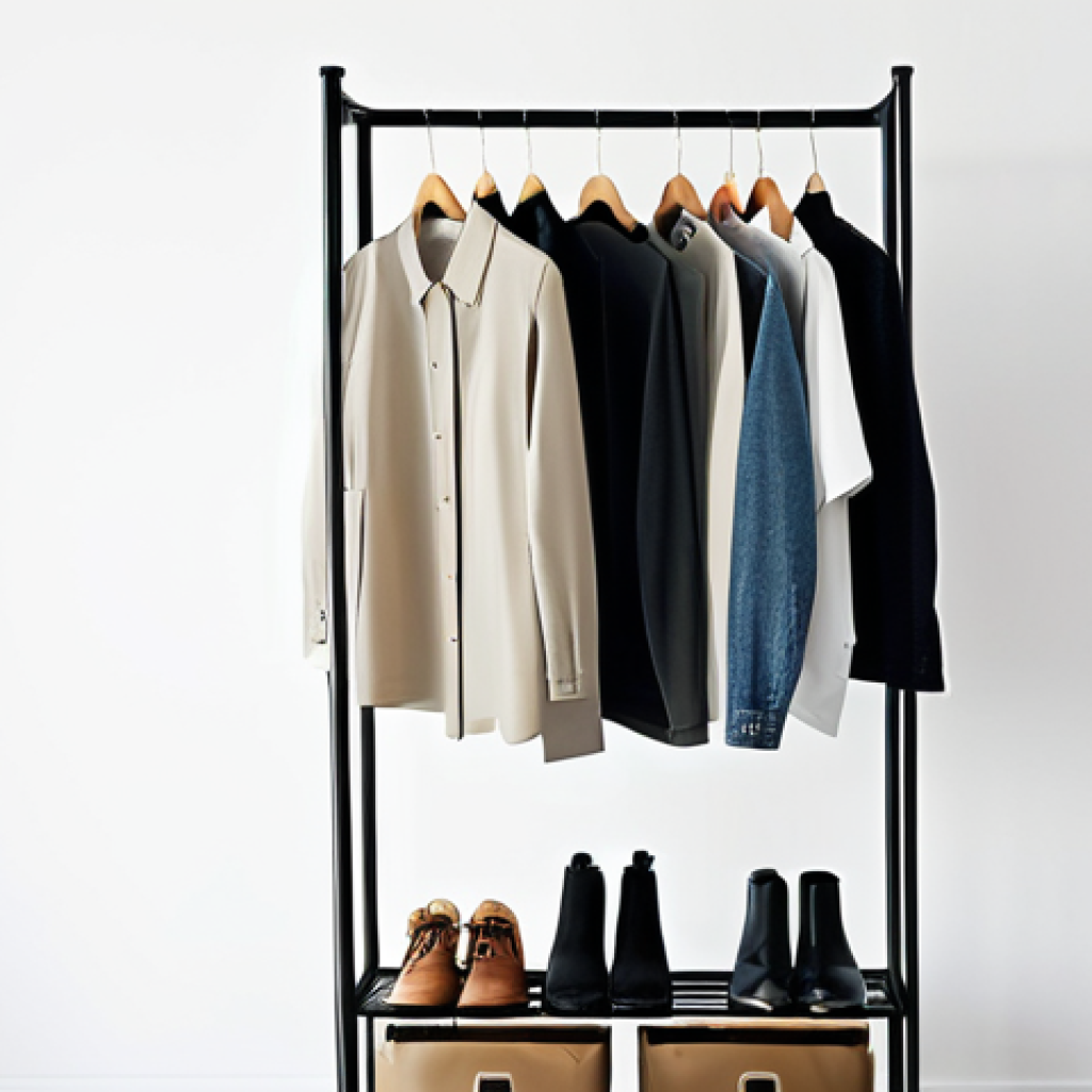 Minimalist Closet Organization**
A neatly organized closet with a curated selection of clothing in neutral colors (gray, white, black, beige), featuring essential items like a white t-shirt, jeans, a button-down shirt, and a blazer. The closet is well-lit and airy, showcasing the concept of a capsule wardrobe. Focus on the clean lines and accessible arrangement of the clothing. safe for work, appropriate content, fully clothed, modest, professional organization, perfect anatomy (for any visible clothing shapes), natural proportions. High-quality image, clear focus.
**