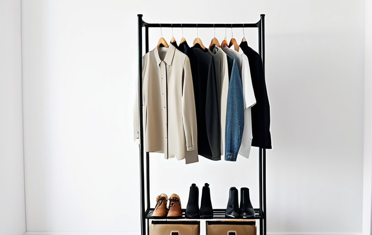 Minimalist Closet Organization**
A neatly organized closet with a curated selection of clothing in neutral colors (gray, white, black, beige), featuring essential items like a white t-shirt, jeans, a button-down shirt, and a blazer. The closet is well-lit and airy, showcasing the concept of a capsule wardrobe. Focus on the clean lines and accessible arrangement of the clothing. safe for work, appropriate content, fully clothed, modest, professional organization, perfect anatomy (for any visible clothing shapes), natural proportions. High-quality image, clear focus.
**