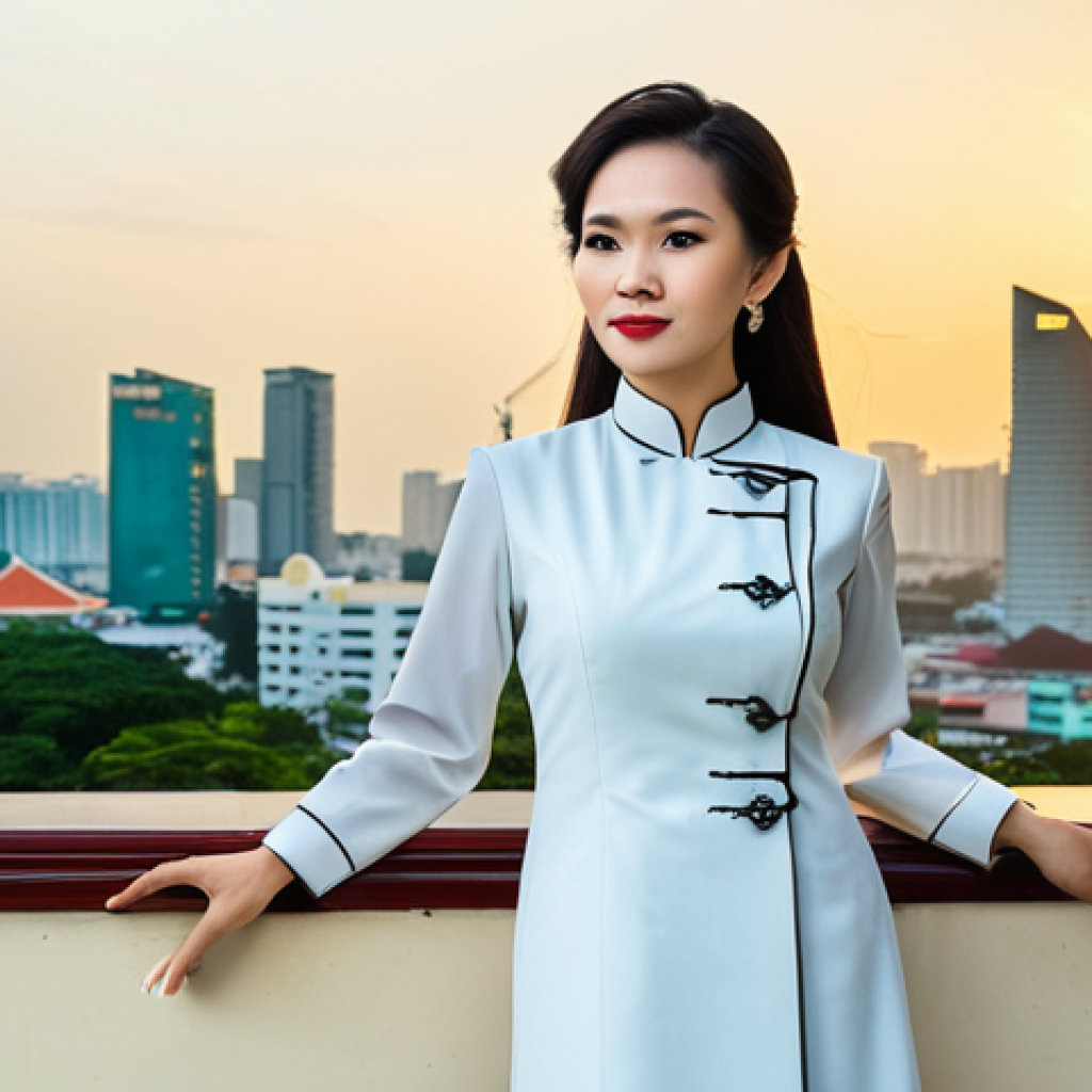 캡슐 옷장과 패션 브랜드의 협업 - **
A stylish Vietnamese businesswoman in a tailored ao dai (traditional dress) with modern, profess...